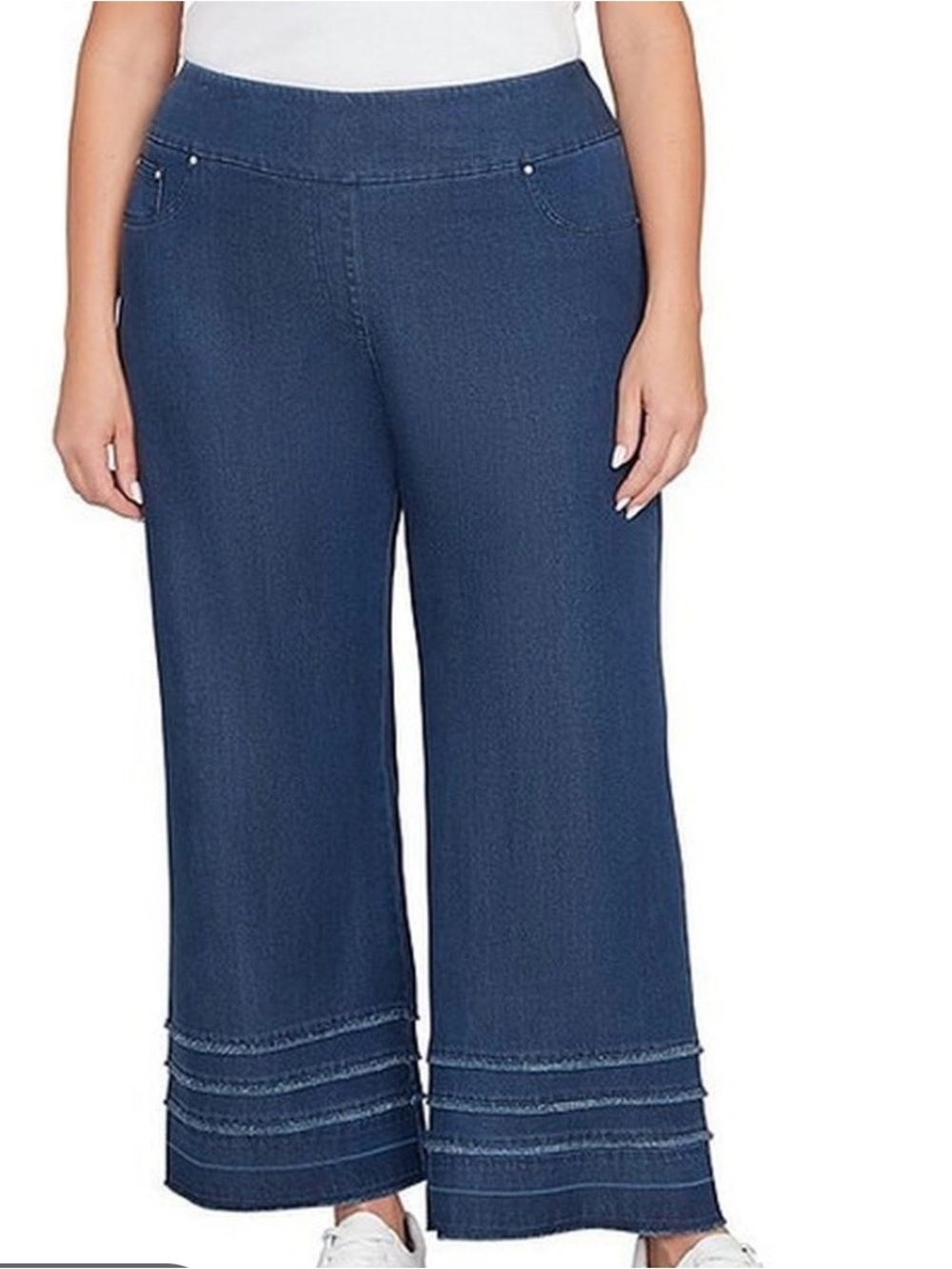 Rudy Rd women’s 16 W pull on stretch ankle wide leg jeans, tiered frayed hem